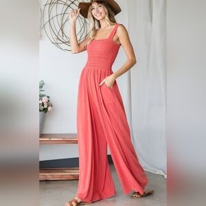 BUCKETLIST Coral Smocked Wide-Leg Jumpsuit